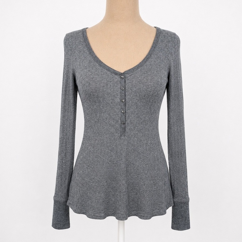 Y2K Victorias Secret Ribbed Henley Top Size XS Gray Stretch Layer Bella Preppy